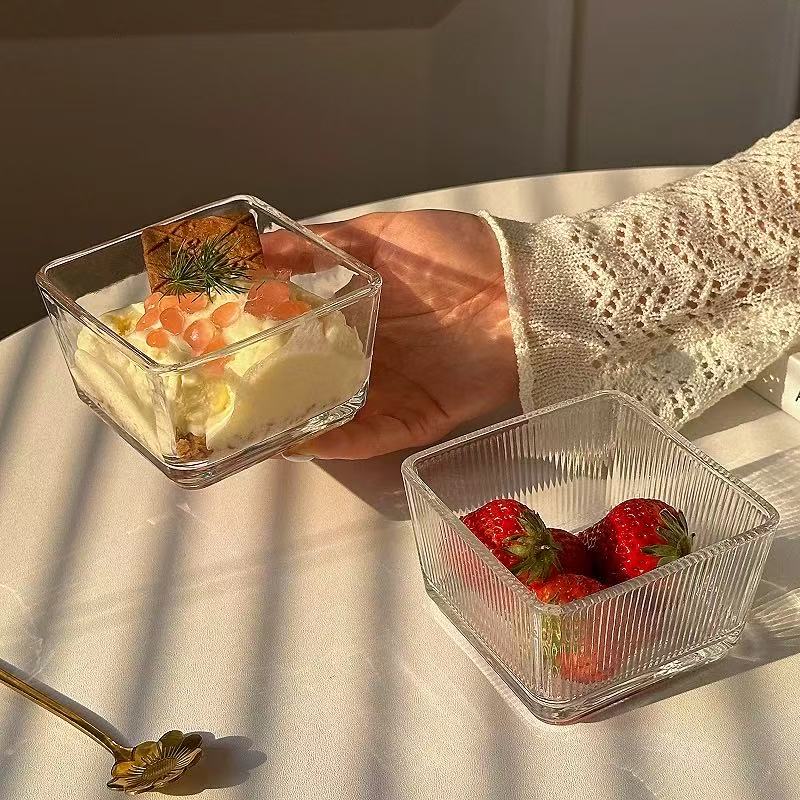 ins Fresh and Simple Square Glass Bowl, Ice Cream Bowl, Dessert Bowl, Fruit Cereal Breakfast Bowl, Small Salad Bowl