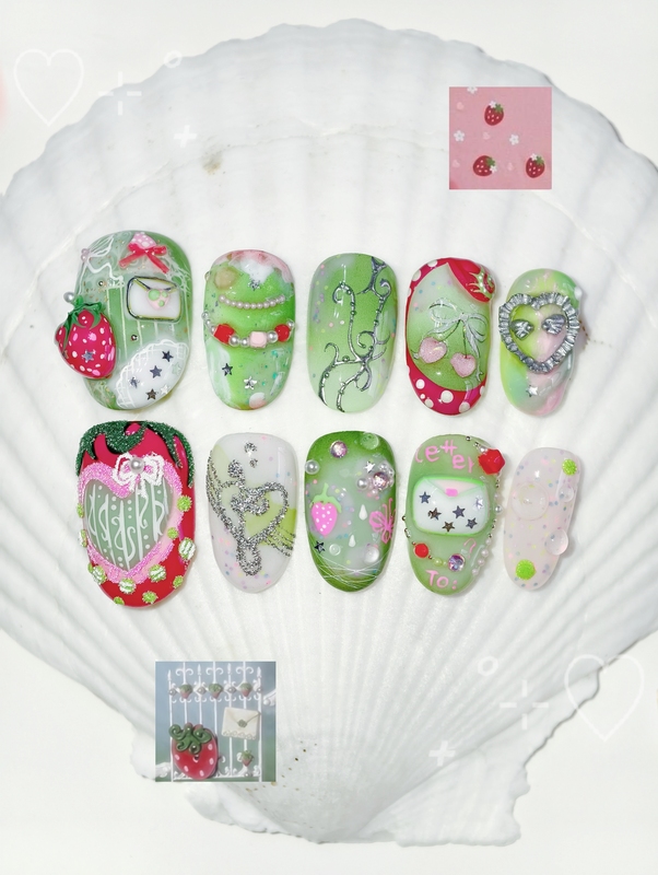 Original Strawberry Green Atmosphere, Three-Dimensional, Cute, Fresh, Wearable Nails, Creative Girly Style, ins Style Hand-Painted Nail Art Original Strawberry Green Atmosphere, Three-Dimensional, Cute, Fresh, Wearable Nails, Creative Girly Style, ins Style Hand-Painted Nail Art