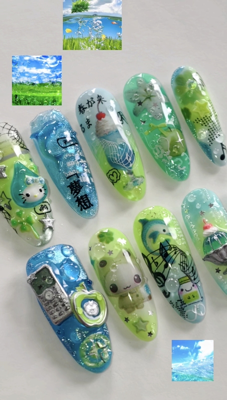 Original Frutigeraero Blue-Green Vintage Millennium Dreamcore Vibe Fresh Water Drop Retro Futuristic Wearable Nails
