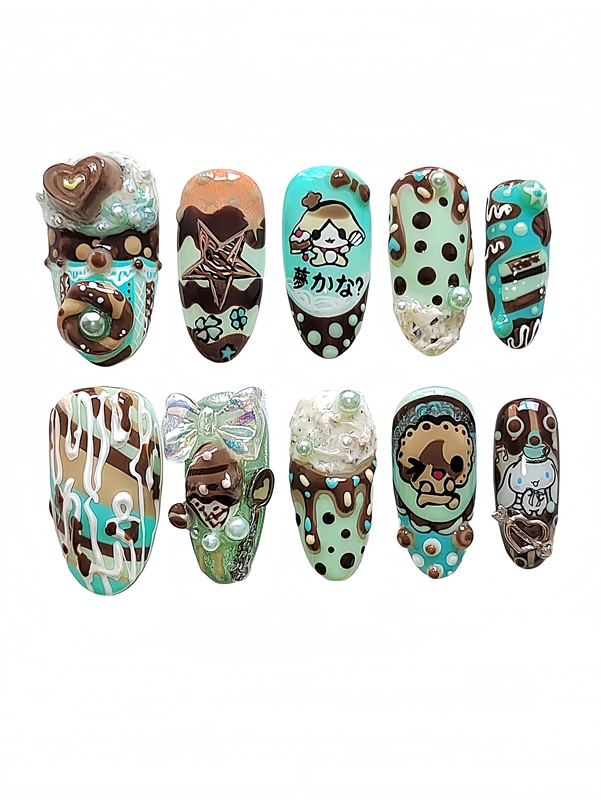 Original Mint Chocolate Vintage Style Cute Polka Dot Y2K Vibe Cartoon Press-On Nails Brown-Green Manicure
