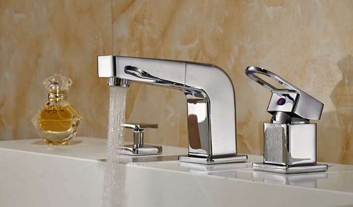 Washbasin with Pull-Out Shower Faucet, Dual-Use for Hot and Cold Water, Two or Three-Piece Set, 3-Hole Switch, Separate Water Supply