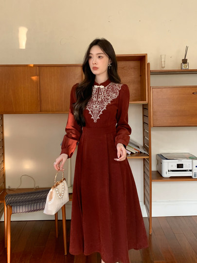Новое зимнее платье GERTCOREL2025, оригинальное, износостойкое, приталенное, длинное, бархатное, кирпично-красного цвета, для женщин.