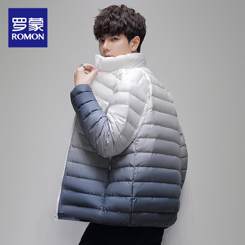 Romon Lightweight Ribbed down Jacket for Men, Winter Short Style, Warm White Duck down Coat with Hood and Stand Collar, Gradient Color Romon Lightweight Ribbed down Jacket for Men, Winter Short Style, Warm White Duck down Coat with Hood and Stand Collar, Gradient Color