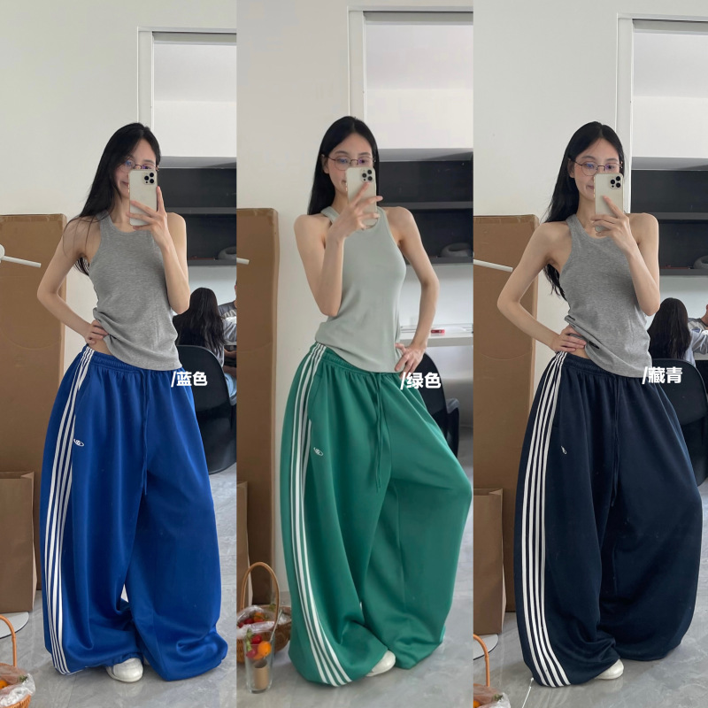 Yusan Summer Draped Silky Smooth Side Four-Stripe American Retro Wide-Leg Pants Elastic Waist Drawstring Loose Sports Trousers