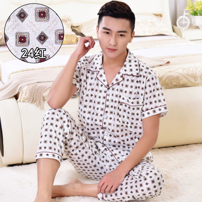 Bộ đồ ngủ mens nam mùa hè cộng với sân quần ngắn tay mens trung niên Cardigan bộ quần áo nhà mỏng mùa hè.