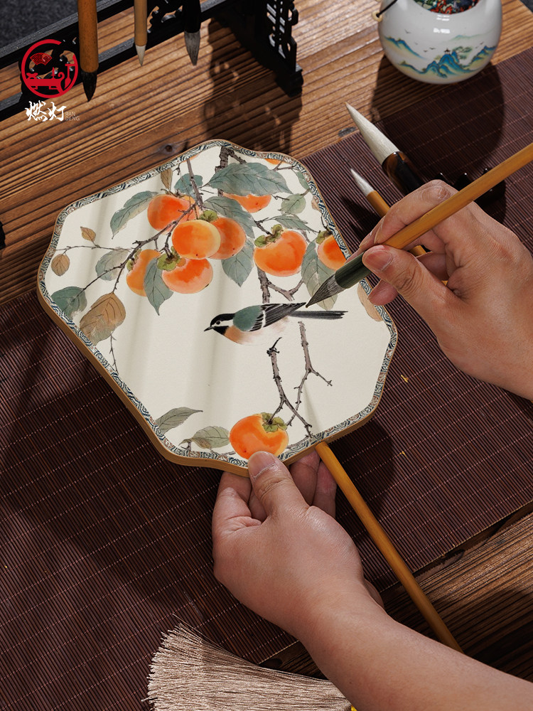 Double-Sided Painted Palace Fan with Traditional Chinese Style, Hand-Painted with Fine Brushwork, Small Script Fan, Blank Round Fan, Long-Handled Craft Fan, Gift