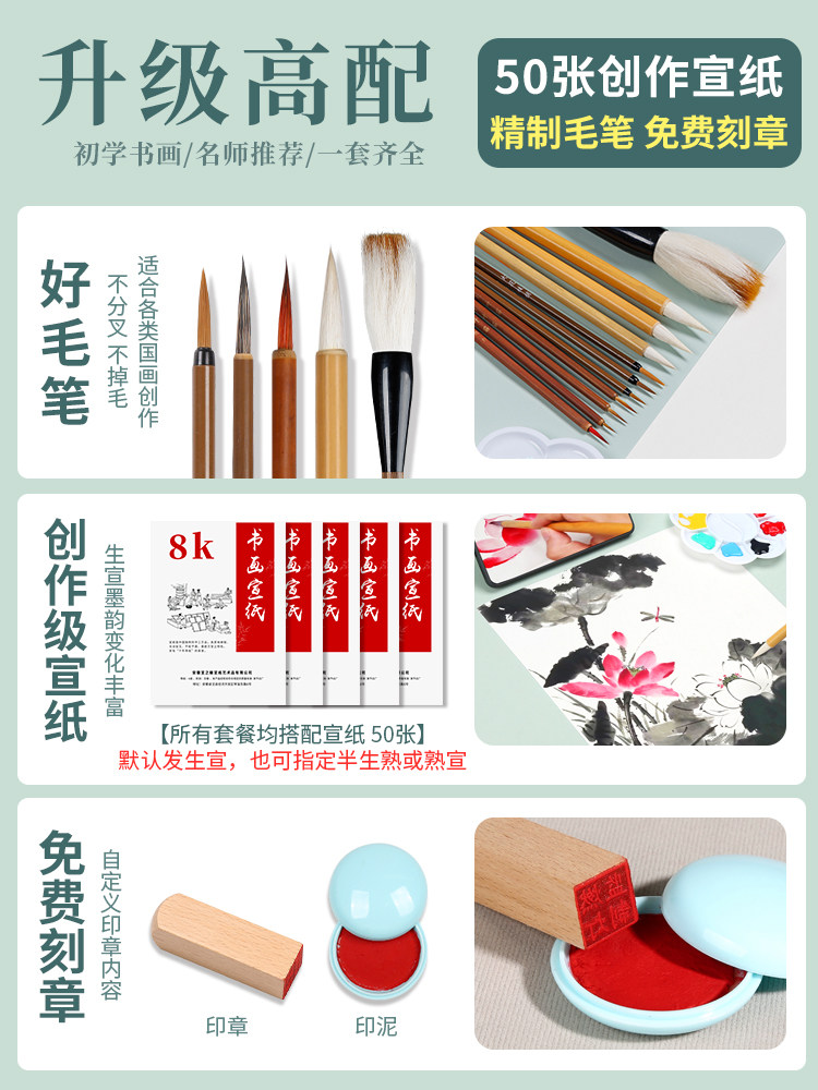 Beginner's Set of Chinese Painting Materials with 12 or 24 Colors, Complete Set of Chinese Painting Supplies and Tools, Ink Painting for Beginners, Professional High-Grade Fine Brushwork Materials, Single Brush for Elementary School Students and Art Students