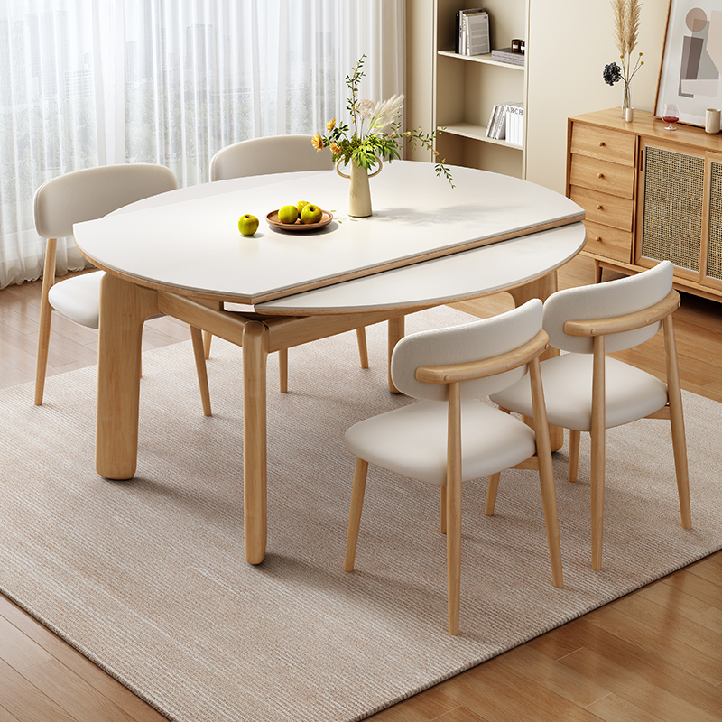 Rock Slab Dining Table and Chairs, Convertible to Round Table, Natural Wood Cream Style, 2026 New Model, Solid Wood, Suitable for Small Apartments, Extendable Dining Table Rock Slab Dining Table and Chairs, Convertible to Round Table, Natural Wood Cream Style, 2026 New Model, Solid Wood, Suitable for Small Apartments, Extendable Dining Table