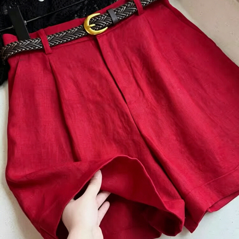 French-Style Red Linen Cuffed Casual Shorts for Women, Summer 2026 New High-Waisted Slimming Versatile A-Line Wide-Leg Pants French-Style Red Linen Cuffed Casual Shorts for Women, Summer 2026 New High-Waisted Slimming Versatile A-Line Wide-Leg Pants
