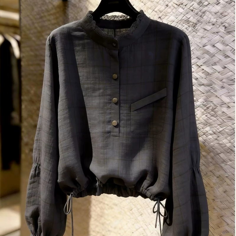 Fashionable Lantern Sleeve Shirt for Women 2026 Stylish Commuter Chic Gray Drawstring Waist Top Niche Design