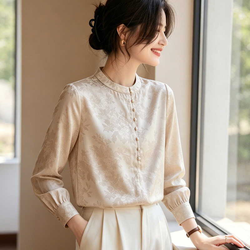 Elegant and Sophisticated Satin Jacquard Shirt for Women, Long-Sleeved, Round Neck, Buttoned, New Chinese Style, Fashionable and Stylish Blouse for Autumn Elegant and Sophisticated Satin Jacquard Shirt for Women, Long-Sleeved, Round Neck, Buttoned, New Chinese Style, Fashionable and Stylish Blouse for Autumn