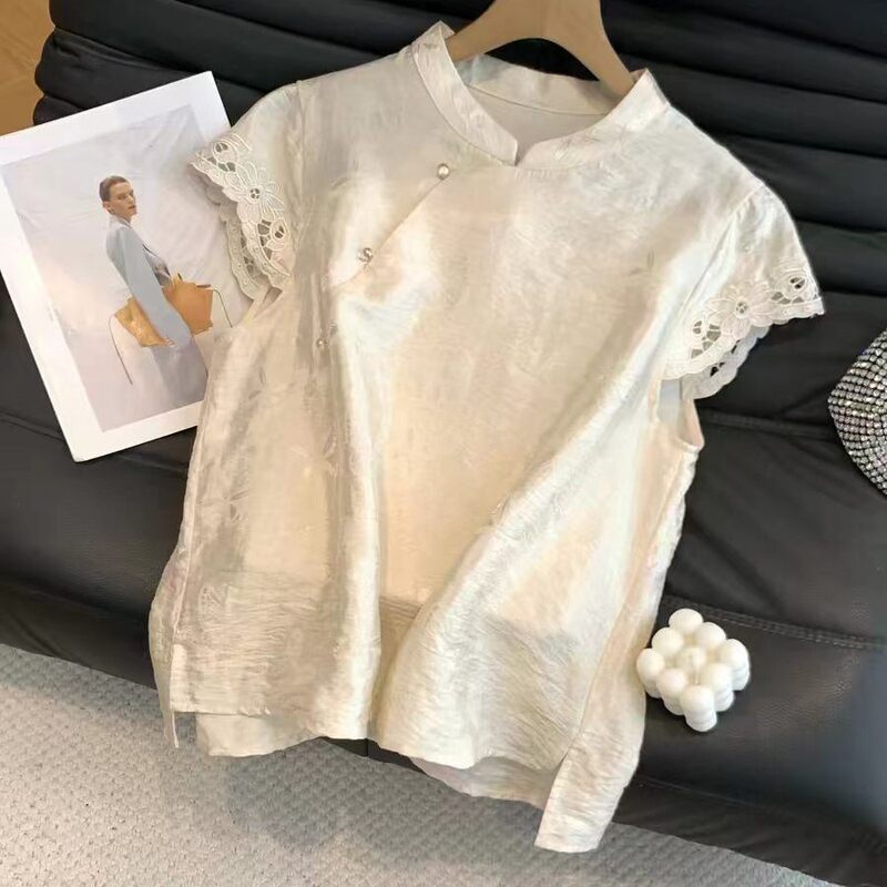 New Chinese Style National Style Stand-Up Collar Short-Sleeved Shirt for Women, Summer New Style, Retro Elegant, Light Luxury Lace Trim Sleeve Top