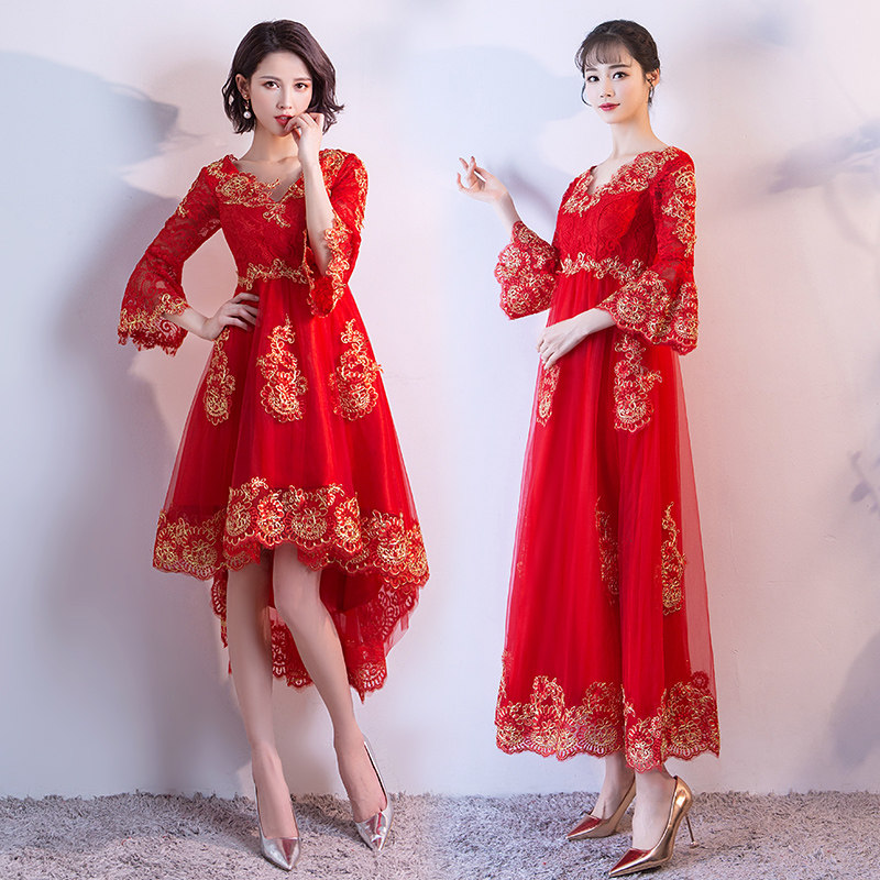 Pregnant woman bride marries back door toast with red dress cover tummy summer short with high waist and large size gown dress