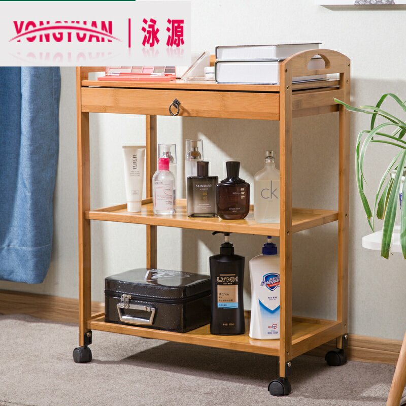 Special price Nan bamboo dining car tea water cart shelf tool cart wine cart beauty salon trolley with drawer solid wood