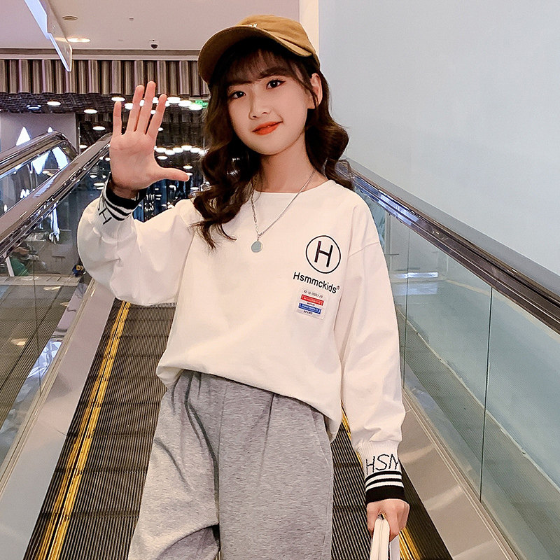 Girls Long Sleeve T-Shirts Spring 2022 New T-Shirts Big Kids Tops Girls Spring and Autumn White Children's Bottoming Shirts