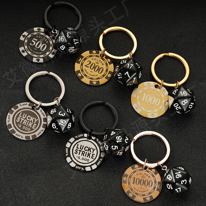 Cross-Border Hot-Selling Dice Stainless Steel Keychain ins Style Pendant Metal Ornament All-In Gamble Same Style