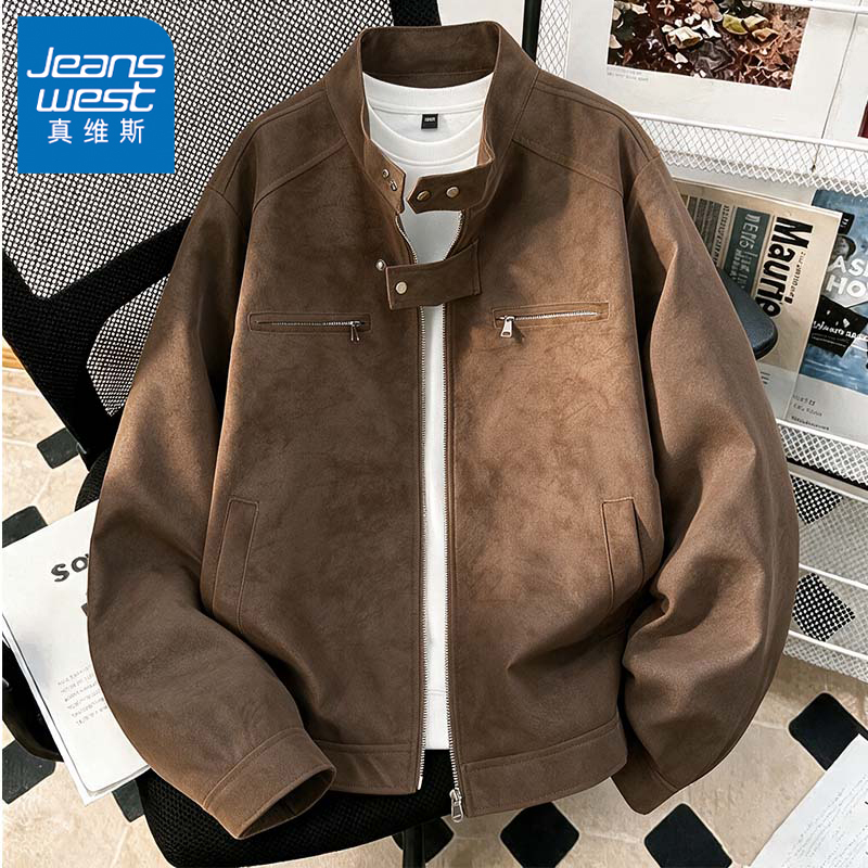 Jeanswest American Retro Stand-Up Collar Suede Workwear Leather Jacket for Men, Autumn High-End Loose-Fitting Jacket Jeanswest American Retro Stand-Up Collar Suede Workwear Leather Jacket for Men, Autumn High-End Loose-Fitting Jacket