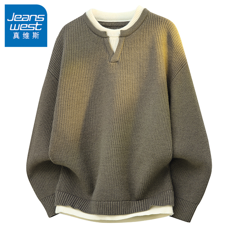 Jeanswest Casual Patchwork Knit Sweater for Men, Autumn and Winter V-Neck Old Money Style Pullover Sweater Jeanswest Casual Patchwork Knit Sweater for Men, Autumn and Winter V-Neck Old Money Style Pullover Sweater