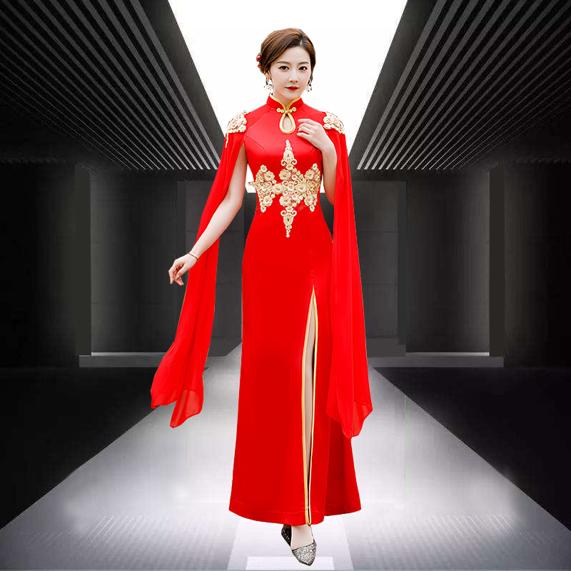 Long cheongsam, suit, clothing, plus size, Chinese style,  Long cheongsam, suit, clothing, plus size, Chinese style,