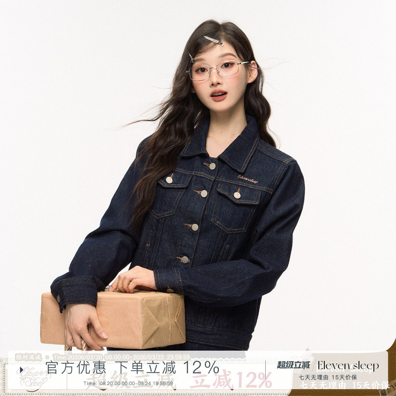 Eleven Sleep Dark Blue Denim Jacket Autum American Retro Loose Short Jacket Long-Sleeved Top Eleven Sleep Dark Blue Denim Jacket Autum American Retro Loose Short Jacket Long-Sleeved Top
