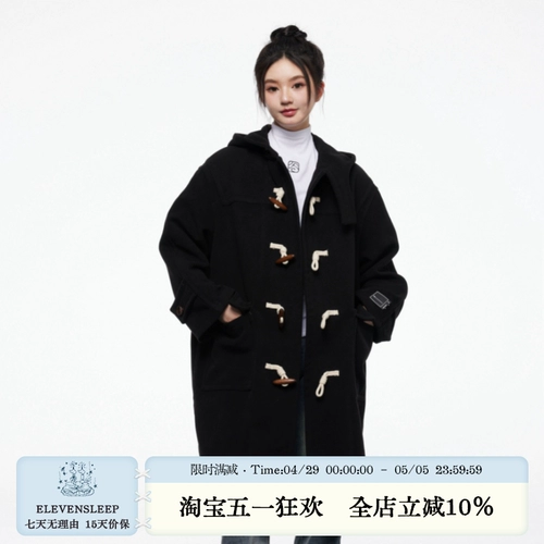 ELEVEN SLEEP Демисезонное черное шерстяное пальто с капюшоном, куртка, свободный крой