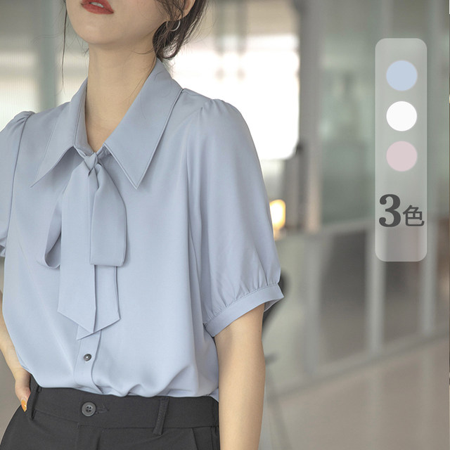 Temperament bow shirt women's blue chiffon shirt summer short-sleeved slimming design sense commuting professional top summer