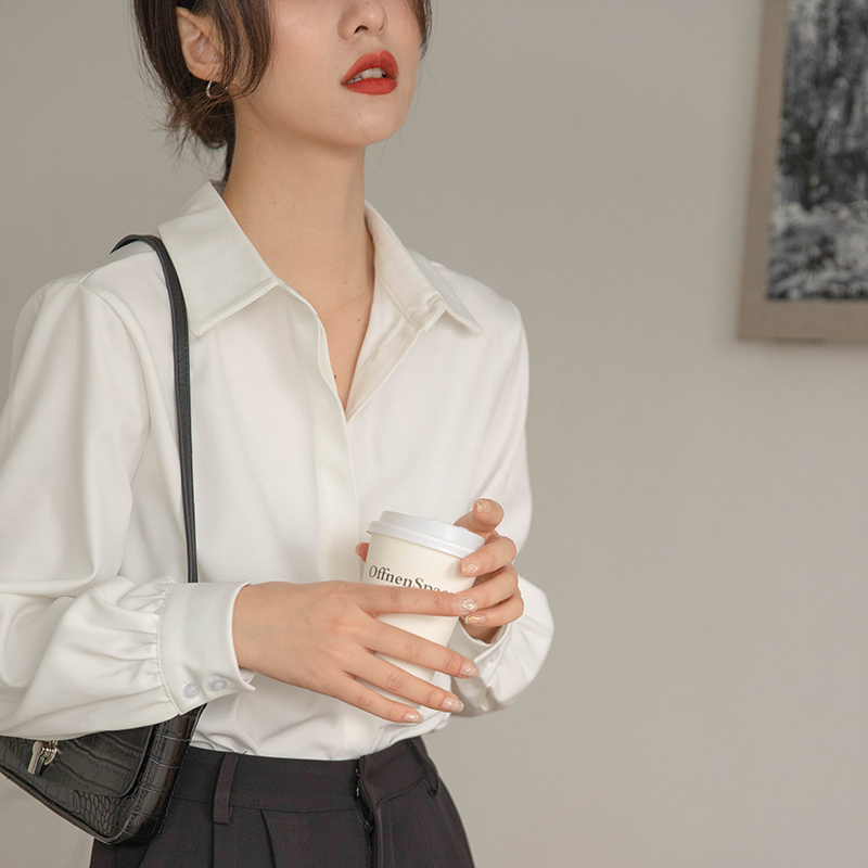 Professional formal wear long sleeve chiffon white shirt female design sense niche temperament commuter fall/winter shirt plus fleece top OL