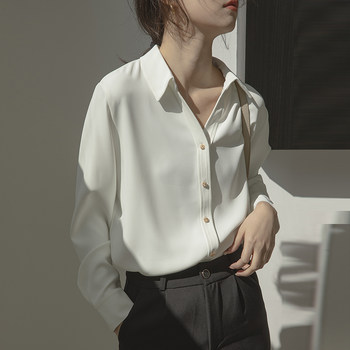 2023 spring and summer new V-neck French white shirt ladies long-sleeved satin shirt layered with acetate top