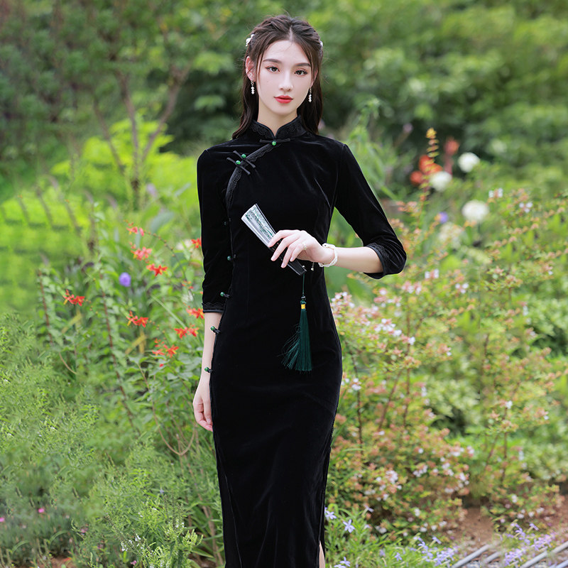 Black Velvet Bangrobe Young Temperance Long-sleeved Skin Old Shanghai Renaissance Girl China Wind Spring Summer