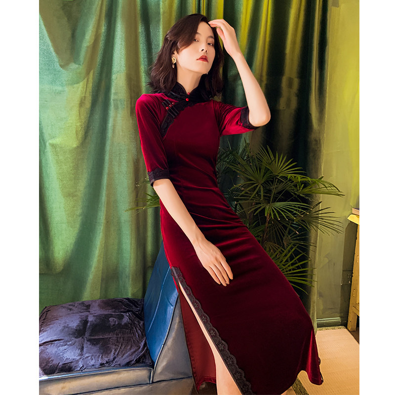 Velvet Qipao Woman Temperament Warlord Wife Autumn Winter Long Sleeves Young Retro Republic Wind Advanced Senses Evening Gown-Taobao