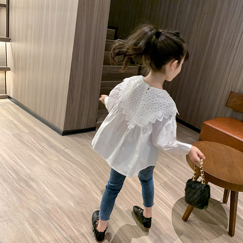 Girl Lace Up Collar Shirt 2022 New Spring Autumn Pure Cotton Doll Shirt CUHK Child Lace White Long Sleeve Shirt