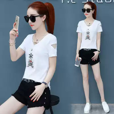White off-the-shoulder t-shirt short-sleeved European station 2020 summer new backless loose thin women's top short T-shirt