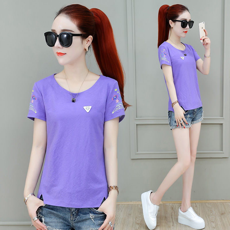 Short-sleeved t-shirt women's summer 2020 new women's fashion taro purple top irregular Western style round neck T-shirt