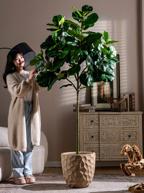 Ficus Lyrata Artificial Green Plant, High-End Light Luxury Fake Tree, Bionic Green Plant for Indoor Living Room, Shop Landscaping, Floor-Standing Decoration