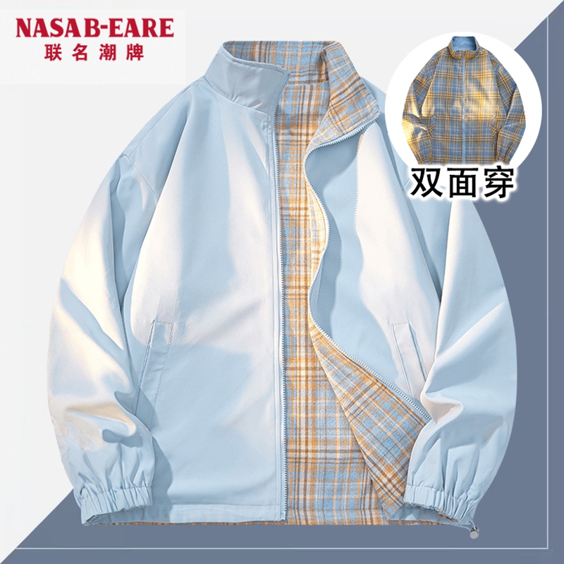 Nasab-Eare American-Style Reversible Stand-Collar Jacket for Men, Spring and Autumn High Street Trendy Versatile Casual Plaid Coat