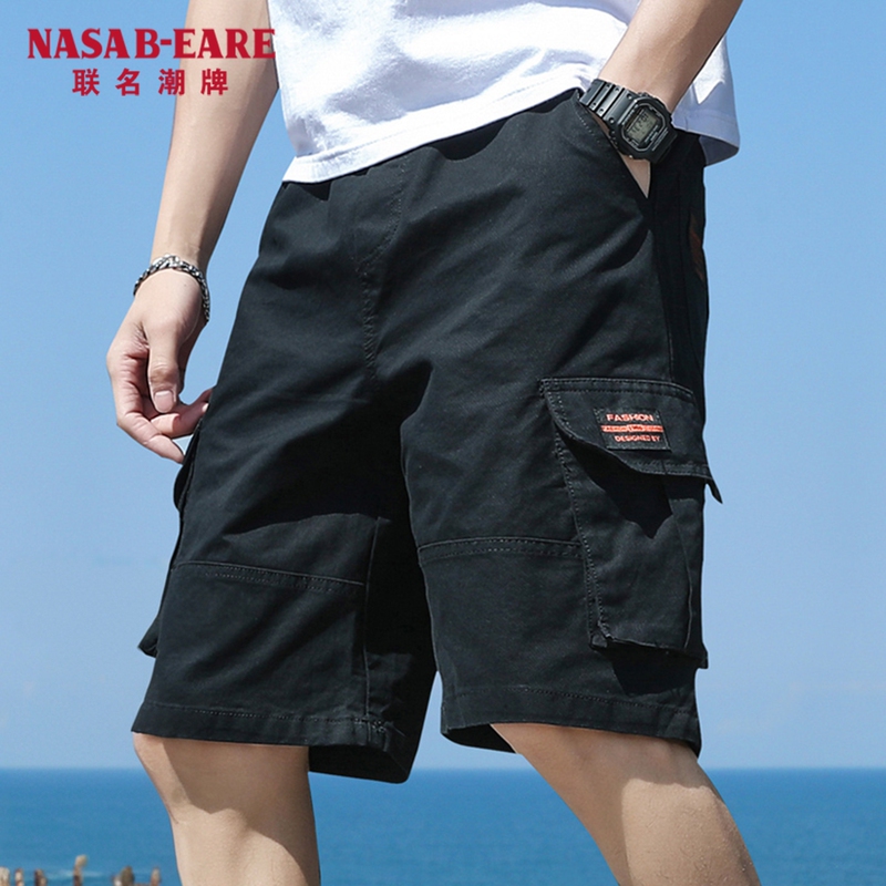 Nasab-Eare Summer Casual Black Cargo Shorts for Men, Trendy Brand, Mid-Length Shorts, Pure Cotton, Thin, Loose and Versatile
