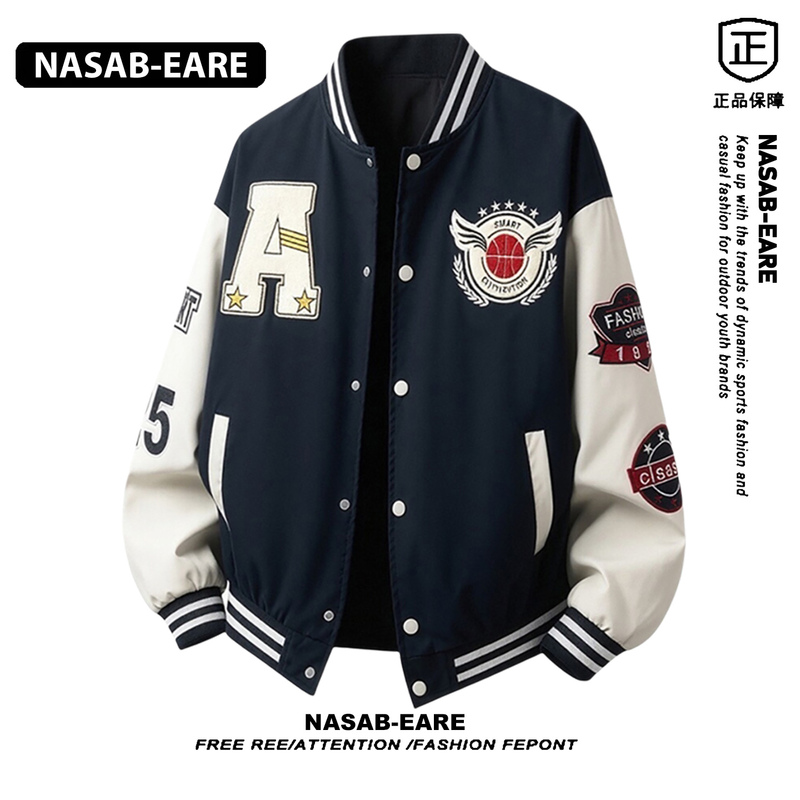 Nasab-Eare New Autumn American-Style Embroidered Baseball Jacket for Men, Loose Patchwork Winter Fleece-Lined Coat
