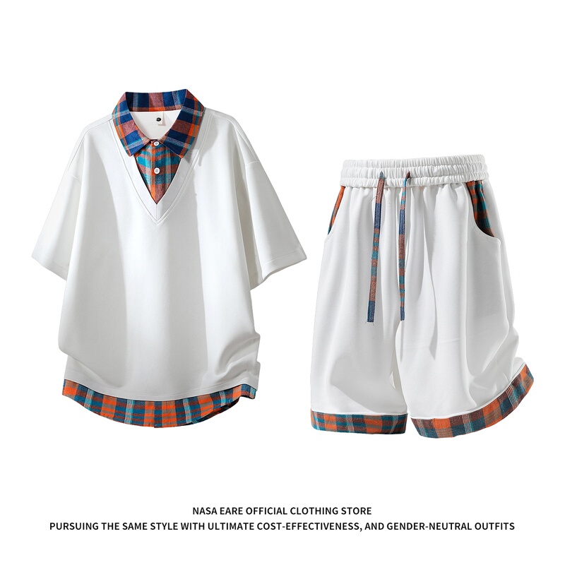 Nasab-Eare Lazy Style Outfit Fake Two-Piece Color-Block Short-Sleeve Men's Summer Casual Sports Two-Piece Set Trendy