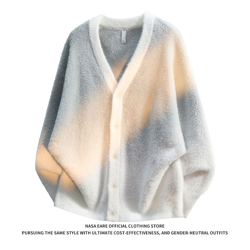 Nasab-Eare American-Style Gradient Mink Velvet V-Neck Cardigan Knitwear for Men and Women in Autumn and Winter for Couples, Lazy Style Knitwear