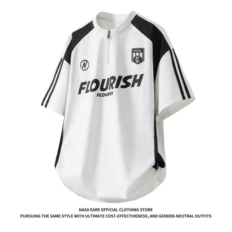 Nasab-Eare Black and White Patchwork Jersey-Style T-Shirt for Men, American Style Half-Zip Biker Short-Sleeve Summer Couple Wear