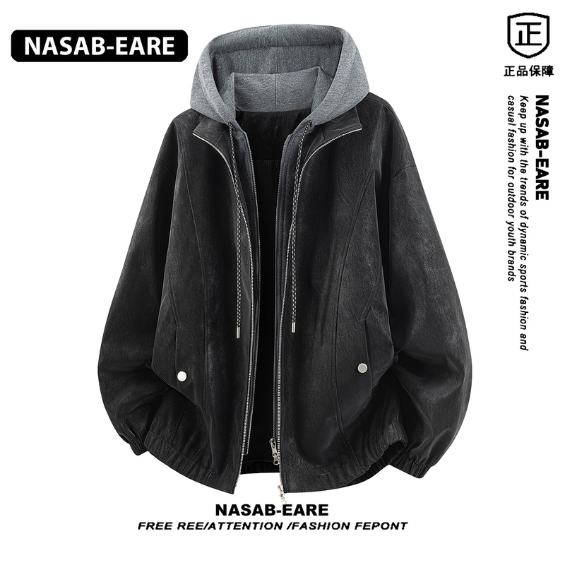 Nasab-Eare Autumn Oil-Resistant Pu Leather Jacket for Men, Fake Two-Piece Hooded Outerwear, Casual Loose Hooded Jacket Nasab-Eare Autumn Oil-Resistant Pu Leather Jacket for Men, Fake Two-Piece Hooded Outerwear, Casual Loose Hooded Jacket