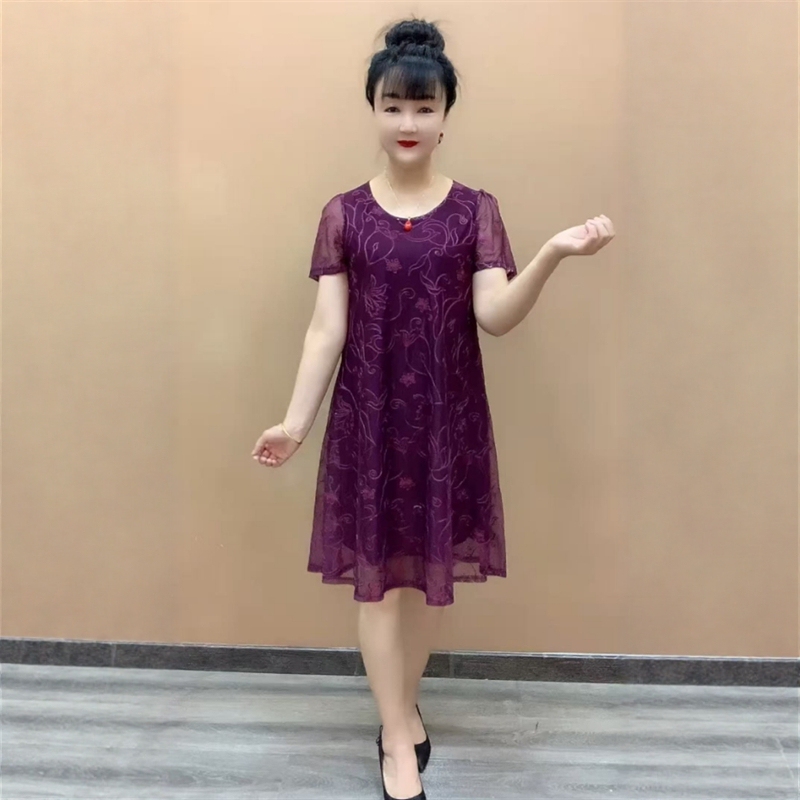 Mesh Embroidered Floral Double Hem Dress, Loose Fit, Tummy-Covering, Cool, Breathable, Stylish, Age-Reducing, Versatile Mid-Length Dress Mesh Embroidered Floral Double Hem Dress, Loose Fit, Tummy-Covering, Cool, Breathable, Stylish, Age-Reducing, Versatile Mid-Length Dress