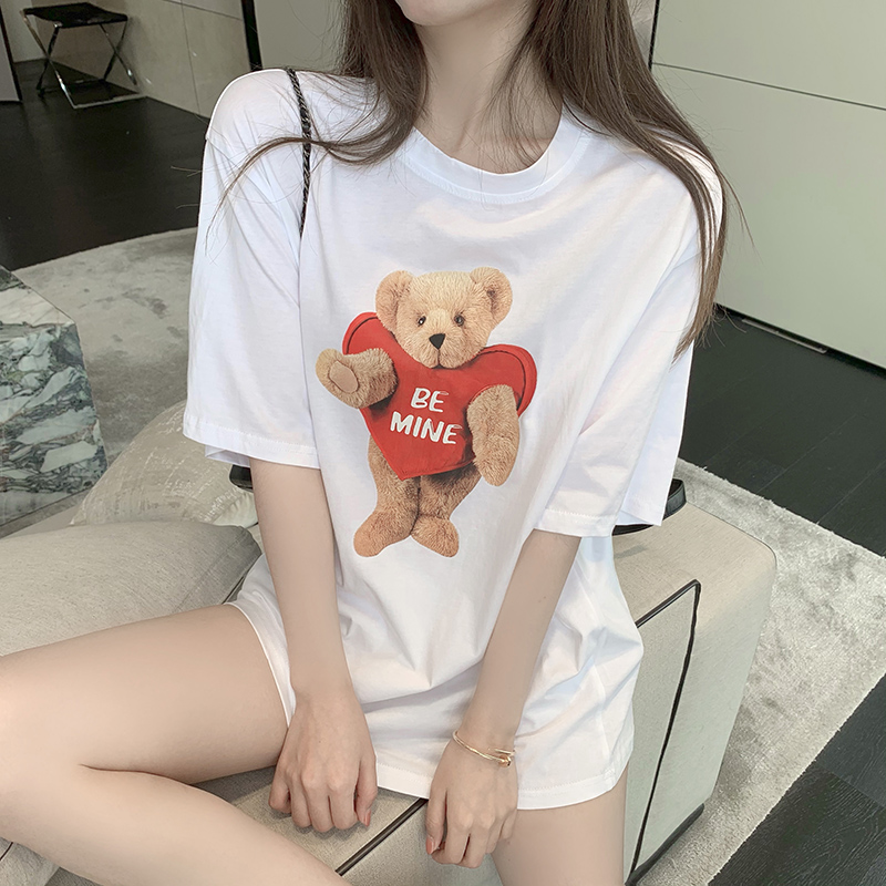 2022 summer new simple loose medium-length version bear print top design sense niche short-sleeved t-shirt women