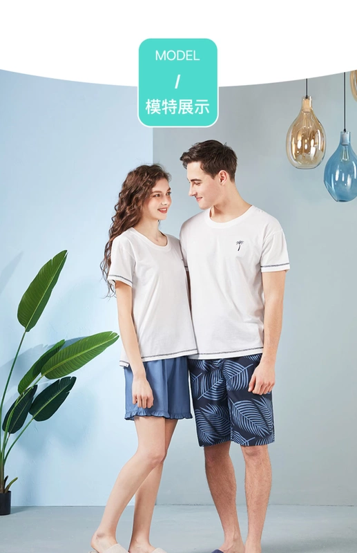 Bộ đồ ngủ cotton xoay bảy màu đôi nam nữ mùa hè mỏng phần cổ tròn phiên bản Hàn Quốc của bộ đồ phục vụ tại nhà dễ thương - Bên ngoài ăn mặc