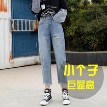 High waisted hole jeans Women summer thin 150 small eight-legged pants straight loose dad pants radish pants