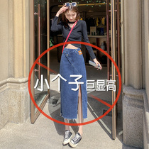 Denim skirt female autumn high waist a word thin retro 150 small man Net red irregular split hip skirt