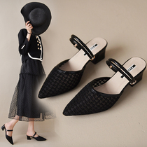 Yerkan Sandals Women 2022 Summer New Baotou Casual Breathable Low Heel Two Wear Pointed Semi-Trawl Sandals Sandals