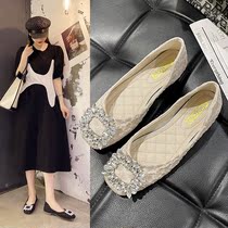 Yerkan Uni Shoes Woman 2022 Summer new genuine leather square headgear Flat-bottomed Bean Shoes Shallow Mouth Late LATE SHOES