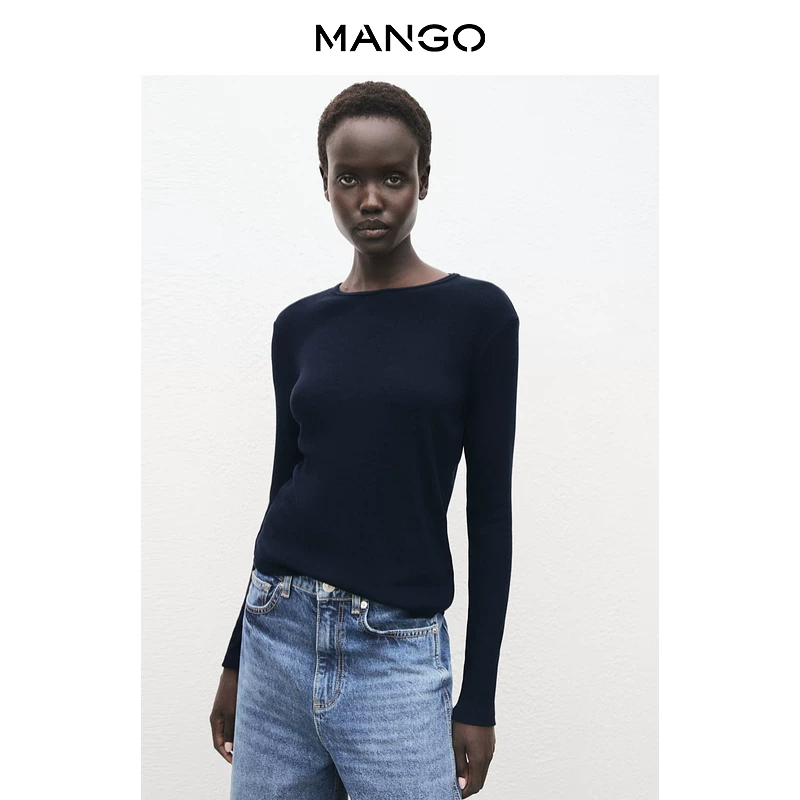 Весенний футболка Mango, удобная длинный рукав с круглым воротом, узкий силуэт