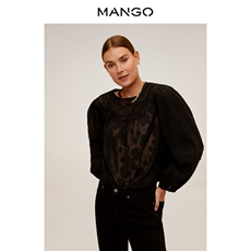 женская рубашка mango女装衬衫2020秋冬新款网眼细节圆领泡泡长袖衬衫